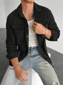 WAIT HIM Men's Corduroy Old Money Style Shacket, Autumn - Black - View 7