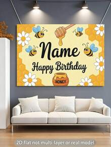 1pc Customizable Bee Themed Birthday Party Backdrop, Cute Cartoon Honeycomb Daisy Personalized Birthday Party Name Design Party Banner Decoration Prop, Vinyl,Party Top, Vibrant Party Banner - E - View 3