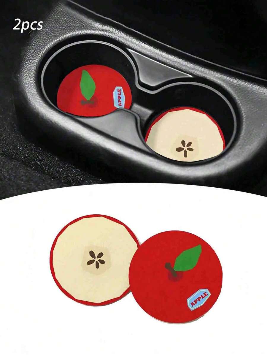 2pcs Apple-Shaped Car Cup Holder Anti-Slip Pads, Leather Material, Heat Resistant And Dirt-Proof, Universal Creative Car Interior Decoration Pads, Car Interior Decor - one-size - View 1