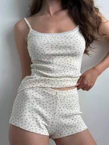 European And American Women's Lace Floral Camisole Top And Mini Bodycon Shorts Pajama Loungewear 2-Piece Set - Champagne - View 8