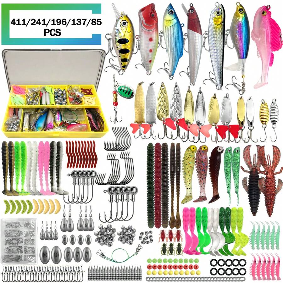 411/241/196/137/85pcs Lure Fishing Bait Set With Storage Box, Soft Baits, Spoon Baits, Hooks, Hard Baits And Other Fishing Accessories, Suitable For Saltwater And Freshwater - Multicolor - View 1