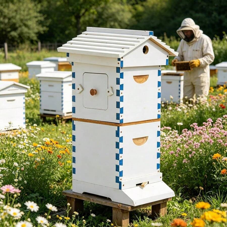 Self-Flowing Beehive Starter Kit, Wax-Coated Fir Wood Auto Honey Hive With Flow Frames & Observation Window, Complete Beekeeping Equipment For Backyard Beginners - mặc định - Xem 1