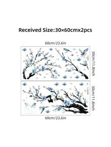 1 Pc Blue Plum Blossom And Bird Wall Decal, Watercolor Chinese Style Wall Sticker, Removable Self-Adhesive Vinyl Mural, Suitable For Living Room Bedroom Home Decor - Plum Blossoms and Birds - View 7