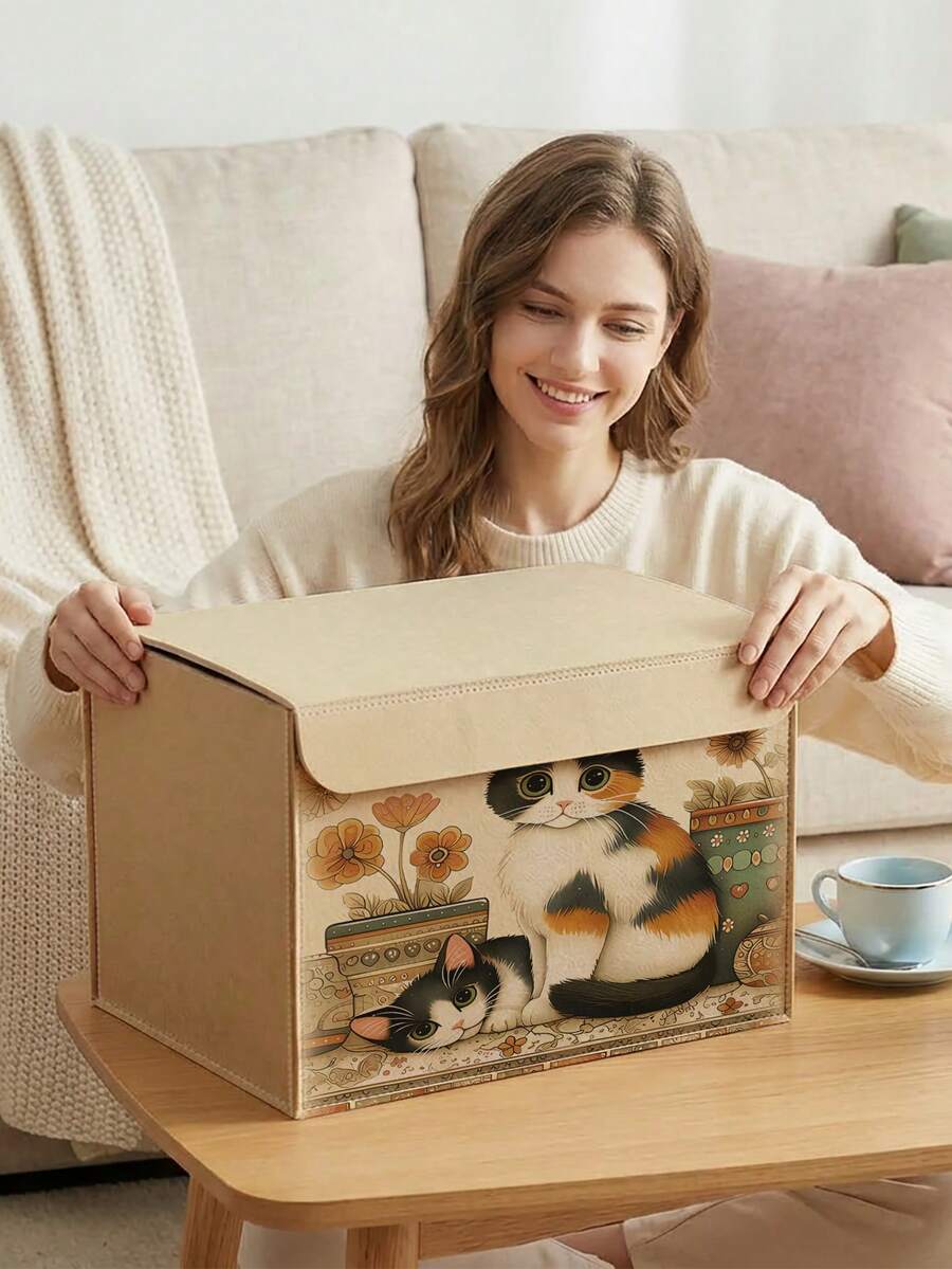 1pc Large Capacity Felt Storage Box With Cat Pattern, Practical Home Organizer For Clothes, Blankets, Bedding And Miscellaneous Items, Suitable For Closet, Living Room And Bedroom - Multicolor - View 1