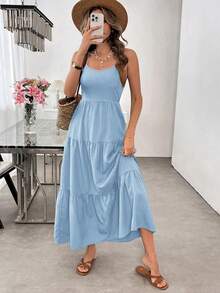 Vestido Tirantes Espalda Descubierta Lazos Grandes Cintura Ajustada - Azul - Ver 3