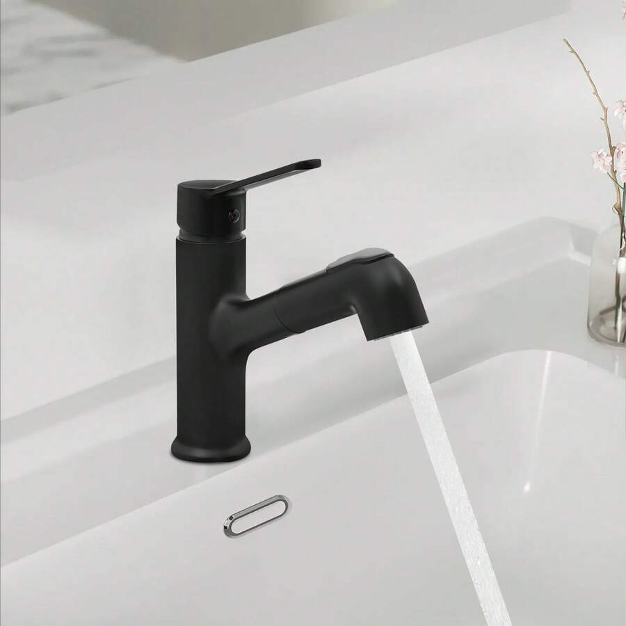 Schwarze Waschtischarmatur im Rohrdesign mit Ausziehfunktion, Einhebelmischer für Warm- und Kaltwasser, 2 Strahlarten, ausziehbarer 60-cm-Auslauf, Aufsatzmontage für Badezimmer, Apartments, Spas und Kosmetikstudios - Schwarz - Übersicht 1