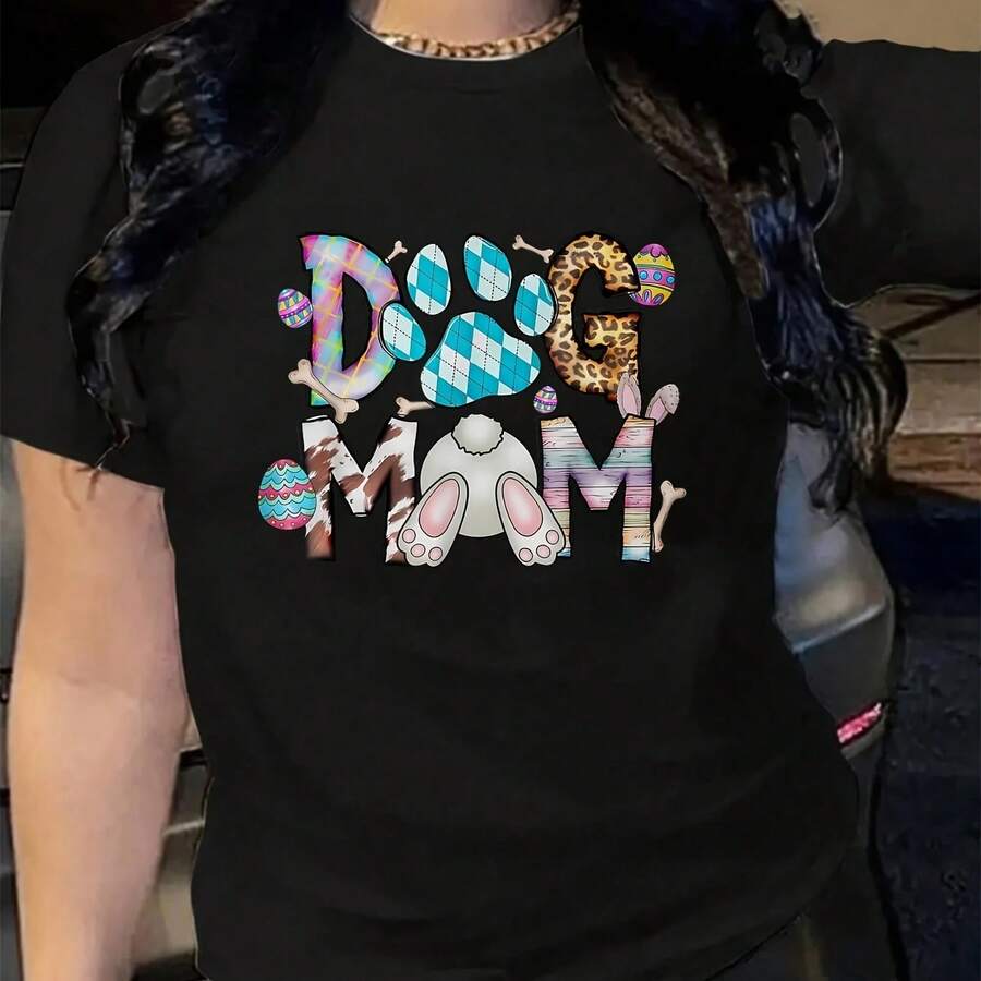 Cotton Dog Mom Easter Day Cute Bunny Basket Eggs Egg Dog Mama T-Shirt Wo's Soft Breathable Tee Classic Fashion Summer Tops Printing Short Sve T-Shirt - 黑色 - 查看 1