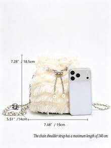Cream Tulle Ruffle Bucket Bag, Faux Pearl Drawstring Chain Crossbody Bag, 2025 Ballet Fairy Style Women's Teen Handbag, Suitable For Bride/Date/S - Apricot - View 2