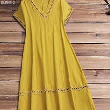 xuehuamaoyi02  Vestido casual holgado de unicolor con cuello en V y mangas cortas para mujer de talla grande - Azul - Ver 3