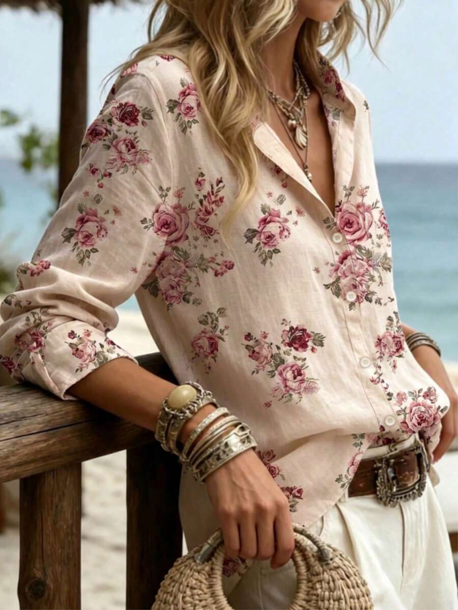 女款花卉印花襯衫,適用於春、夏、秋季,單排扣休閒百搭上衣,女款夏季度假服飾 - 杏色 - 查看 1