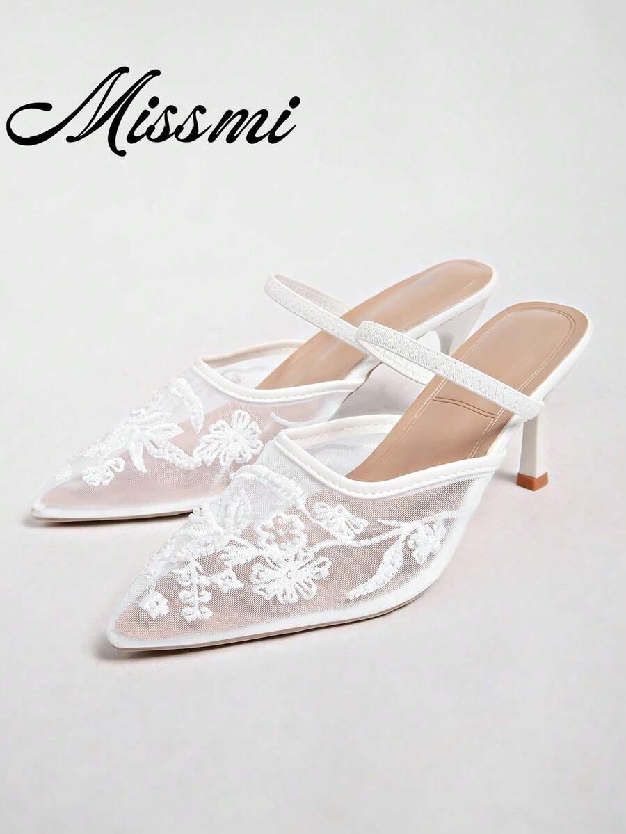 New Spring Women's Shoes, Brown Mesh Open-Toe Mules With Embroidery & Beaded Decor, Thin High Heels,Summer Shoes - Beige - View 1