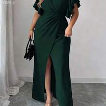 yonghongmaoyi1 Vestido largo de mujer talla grande de cuello en V verde profundo, vestido de noche elegante con mangas cortas con volantes, cintura cruzada y abertura alta, - Rosa - Ver 3
