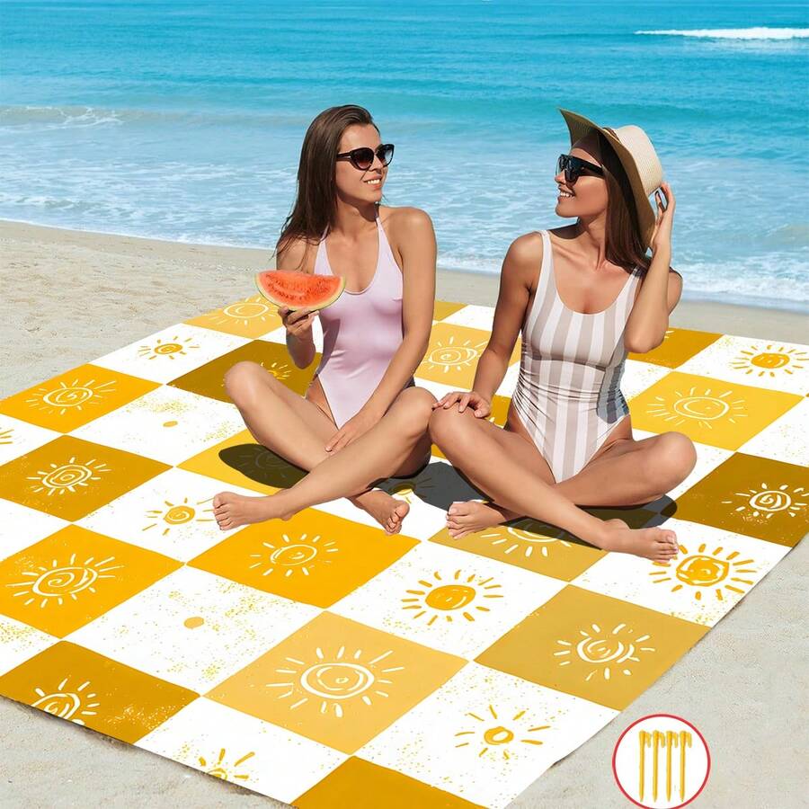 1 Stück Oversized warme Sonne Schachbrett handgemaltes Sonnenmuster, warmes Gelb und Beige verflochtenes Schachbrett, handgemalte Sonnenmotive zufällig angeordnet, weiche und rustikale Pinselstriche, voller heilender sonniger Stimmung, großartig zum Erzeugen einer Vintage-Atmosphäre, tragbare faltbare Strandmatte für den Außenbereich, wasserdichte sandfeste Picknickmatte, verdickte verschleißfeste feuchtigkeitsbeständige Rasenmatte, leicht und einfach zu verstauen - Verschiedenfarbig - Übersicht 1