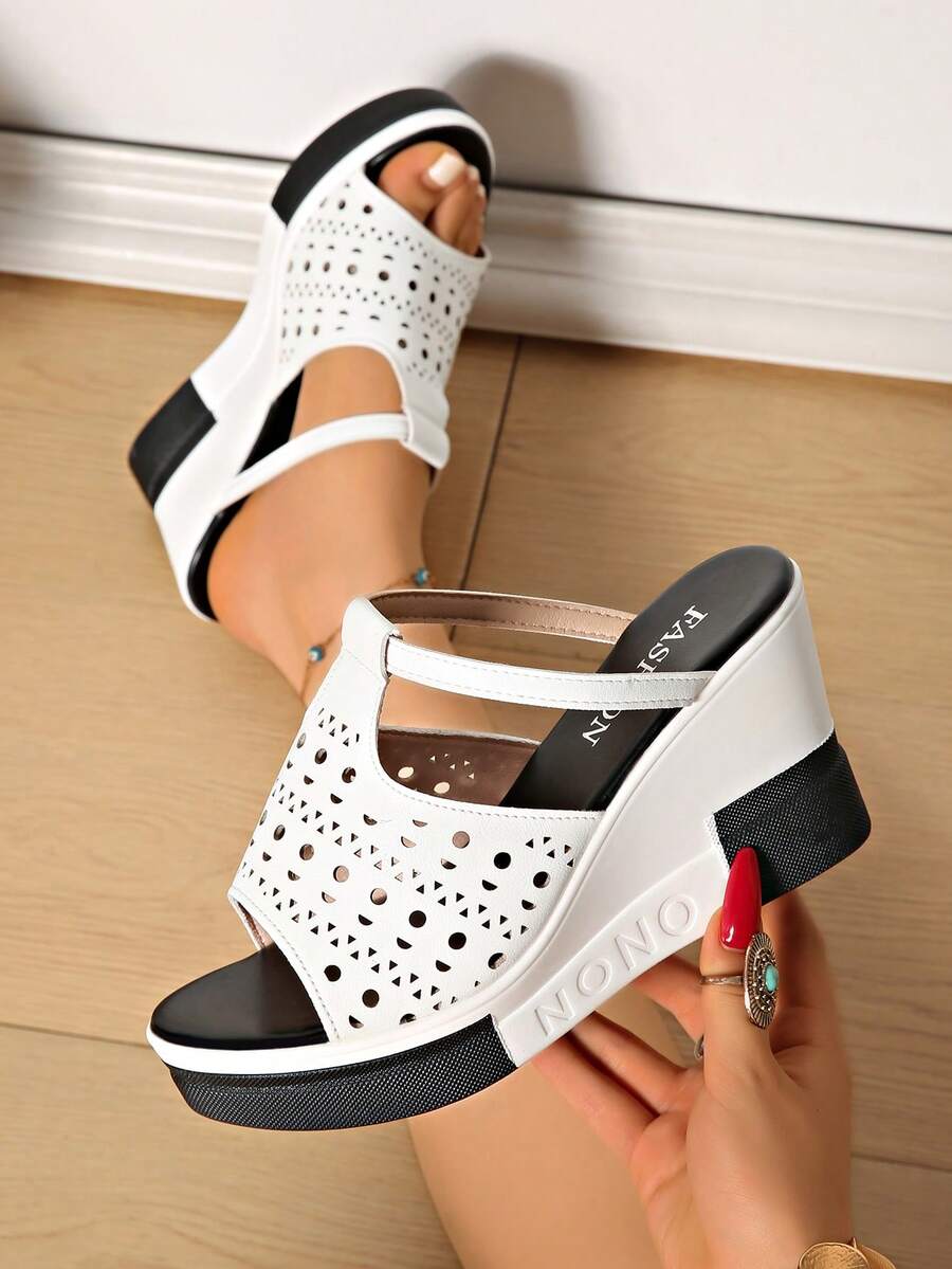 Sandal wedges putih berongga dan bernapas, sol tebal penambah tinggi badan, sandal kasual sederhana dan serbaguna untuk perjalanan sehari-hari, belanja, liburan, di rumah, dan aktivitas luar ruangan. - Putih - View 1