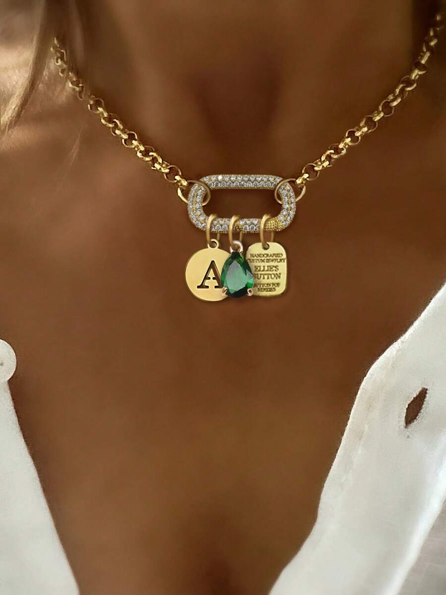 1PC Gold Oval A-Z Letter Necklace With Pendant Green Diamond Letter Chain, Unique Luxury Style, Suitable For Women's Daily Work Decoration - Yellow Gold - View 1