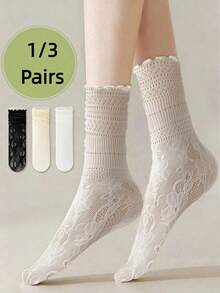 1/3 Pairs Women's Summer Thin Lace White Mid-Calf Socks, Lace Trim Design, Versatile, Breathable Mesh Knit, Soft & Comfortable, Suitable For All Seasons - Multicolor - View 1