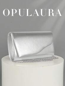 OpulAura 女款時尚極簡金屬線裝飾信封手拿包 PU 皮革晚宴包，適合婚禮、舞會及正式場合 - 銀色 - 查看 10