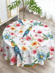 1pc Floral & Bird Print Tablecloth, Modern Polyester Waterproof Tablecloth, Rectangular & Round, Digital Print Suitable For Living Room, Home Use, Outdoor Dining Table, Small Round Table - Multicolor - View 5