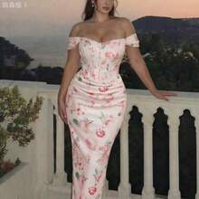 jianchaimaoyi02  MOD Vestido ajustado con estampado floral rosa fuera del hombro para mujer de talla grande, vestido de corset, vestido formal floral, - Multicolor - Ver 1