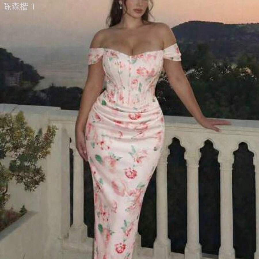 jianchaimaoyi02 MOD Vestido ajustado con estampado floral rosa fuera del hombro para mujer de talla grande, vestido de corset, vestido formal floral, - Multicolor - Ver 1
