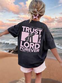 女童「Always Trust In The Lord」勵志基督教印花T恤，短袖圓領休閒上衣，夏季T恤 - 深灰色 - 查看 8