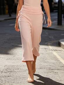 Womens Casual Capri Pants Solid Color Dot Print Ruched Drawstring Waistband Wide Leg Trousers Lounge Pants - Pink - View 3