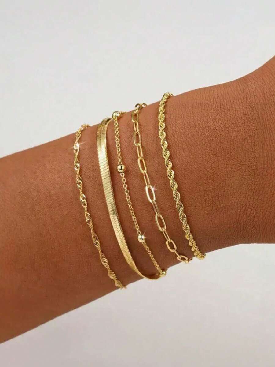 5pcs Vintage Punk Bracelet Set, Metal Chain Combination, Rope, Snake And Twisted Design Combination, Multi-Layer Bracelets, Daily Wear - Gold - View 1