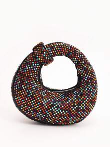 Mini Hobo Bag In A Crescent Shape, Fully Covered In Rhinestones, Integrated Circular Handle With Bow, Zipper, Various Colors, Women's Party, Wedding, Birthday Gift - Multicolor - View 2