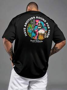 Camiseta de hombre moderna, holgada, de cuello redondo, informal para uso diario, de manga corta, con estampado divertido de calavera tomando cerveza, adecuada como regalo. - Negro - Ver 1
