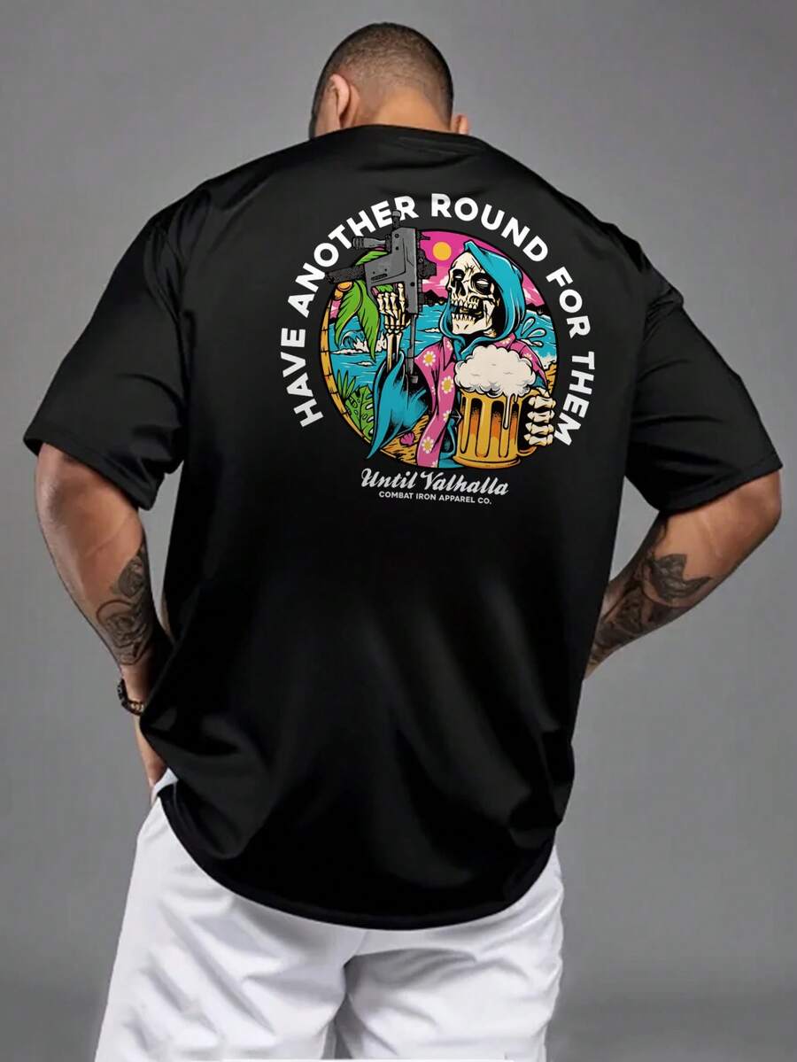 Camiseta de hombre moderna, holgada, de cuello redondo, informal para uso diario, de manga corta, con estampado divertido de calavera tomando cerveza, adecuada como regalo. - Negro - Ver 1