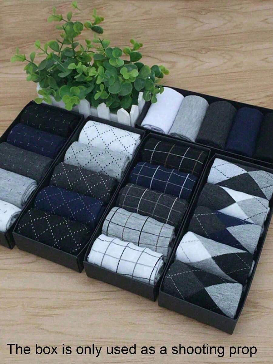 10 Pasang Kaos Kaki Rajut Pria Motif Geometris Kasual Bisnis Setinggi Betis, Warna Acak (Tanpa Kotak Hadiah), Musim Gugur - Over the Calf Socks - View 1