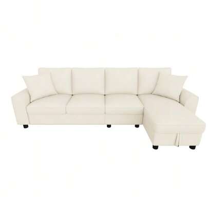 Modern Chenille Corner Sofa, 3-Seater + Chaise Longue, Chaise Longue With Fold-Out Storage Compartment, Reclining Backrest With Cup Holders, Multifunctional Modular Sofa, Beige, 280 * 136 * 82 Cm