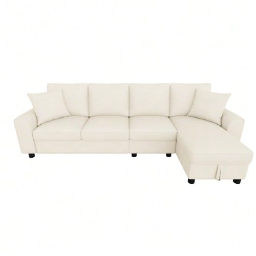 Modern Chenille Corner Sofa, 3-Seater + Chaise Longue, Chaise Longue With Fold-Out Storage Compartment, Reclining Backrest With Cup Holders, Multifunctional Modular Sofa, Beige, 280 * 136 * 82 Cm