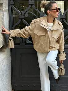 Women's PU Leather Jacket, Bomber Jacket, Zipper Jacket, Suitable For Autumn & Winter, Street Style Outerwear - Champagne - View 2