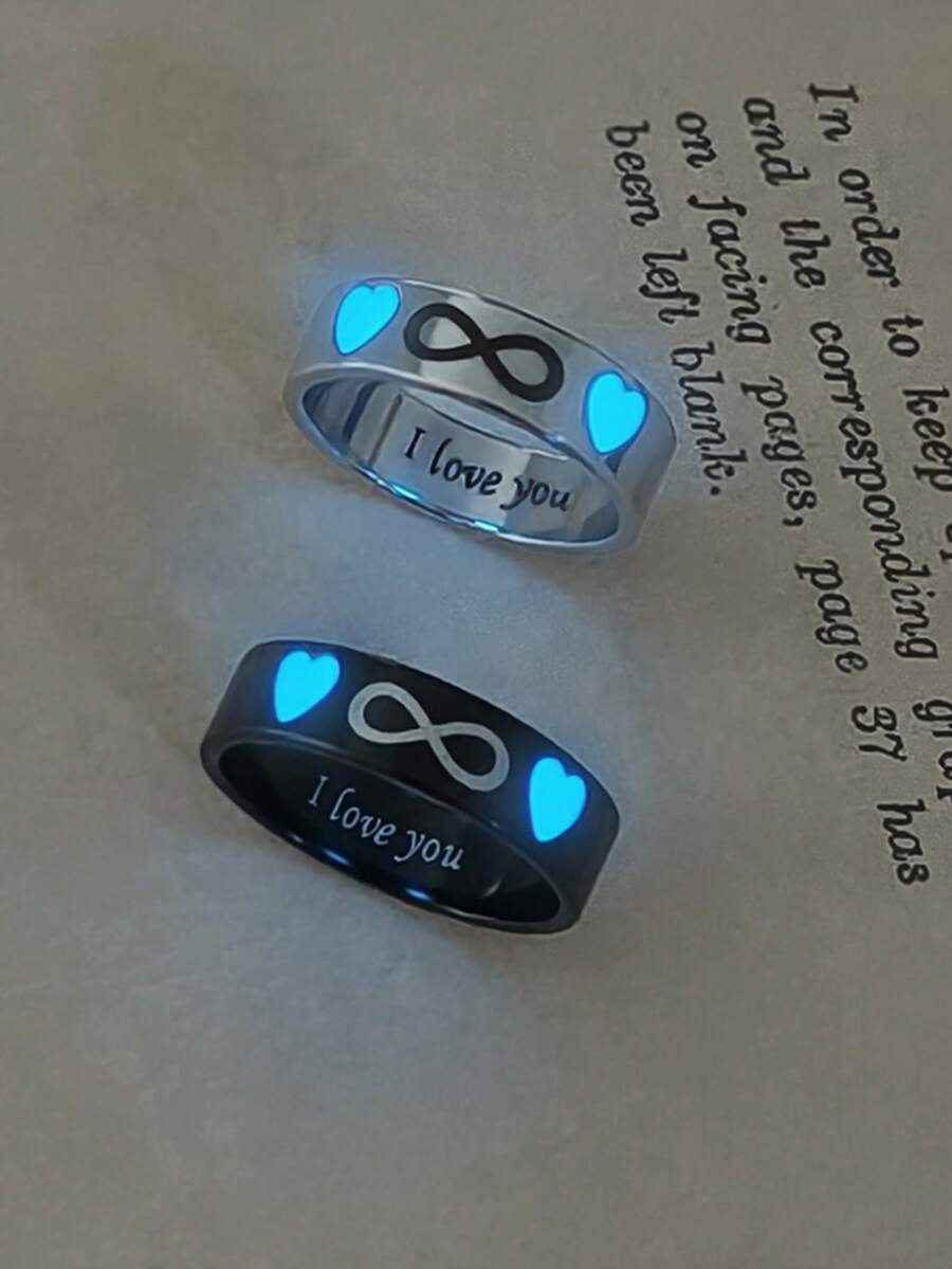 ATLVXJL 2pcs/Set Glowing Couple/Friendship/Family Glow-In-The-Dark Double Heart & Infinity 8-Pattern Stainless Steel Silver & Black Couple Rings Set, Casual Jewelry Rings Suitable For Daily Wear And Holiday Gift Giving - Multicolor - View 1