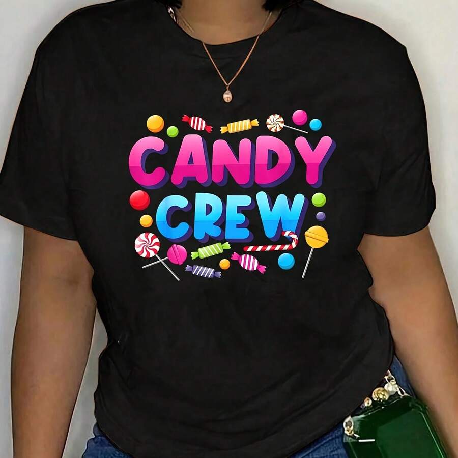 Cotton Candy Crew Swee Candy T-Shirt 's Wo's Soft Breathable Tee Classic Fashion Summer Tops - Negro - Ver 1