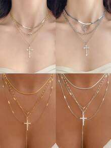 Rhinestone Cross Pendant Multi-Layer Necklace Choker Chain Personalized Versatile Neck Accessory, Stainless Steel Jewelry, Women's Necklace, Y2k - Geometry - View 10