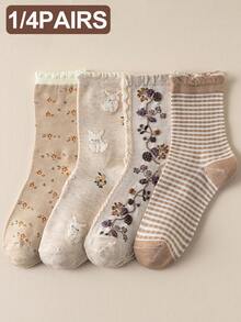 1/4 Pairs Beige Lace Ruffled Rabbit Print Stripe Pattern Breathable Cute Elastic Casual Student Moisture-Wicking Mid-Calf Socks For Women, Suitable For Easter, Fall - Multicolor - View 2