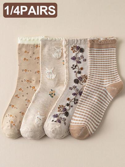 1/4 pares de calcetines casuales elásticos de media pantorrilla con estampado de rayas y conejos, con encaje y volantes, transpirables y absorbentes de humedad, adecuados para Pascua y otoño, para mujeres