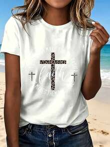 Faith Cross Leopard Print T Shirt With Religious Quote And Bible Verse For Women Casual Summer Beach Wear Perfect Gift For Christian Believers - 白色 - 查看 12