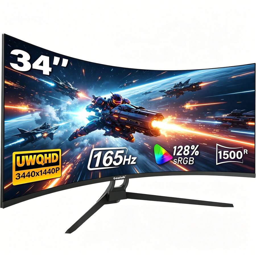 GAWFOLK 34 Inch Black 1500R Curved Gaming Monitor, Premium 4K PC Monitor With 165Hz Refresh Rate, High-Performance Computer Display For PC Computer And PC Gaming, Smooth Visuals For Gaming, TV Playback, Office Tasks And Multimedia Entertainment