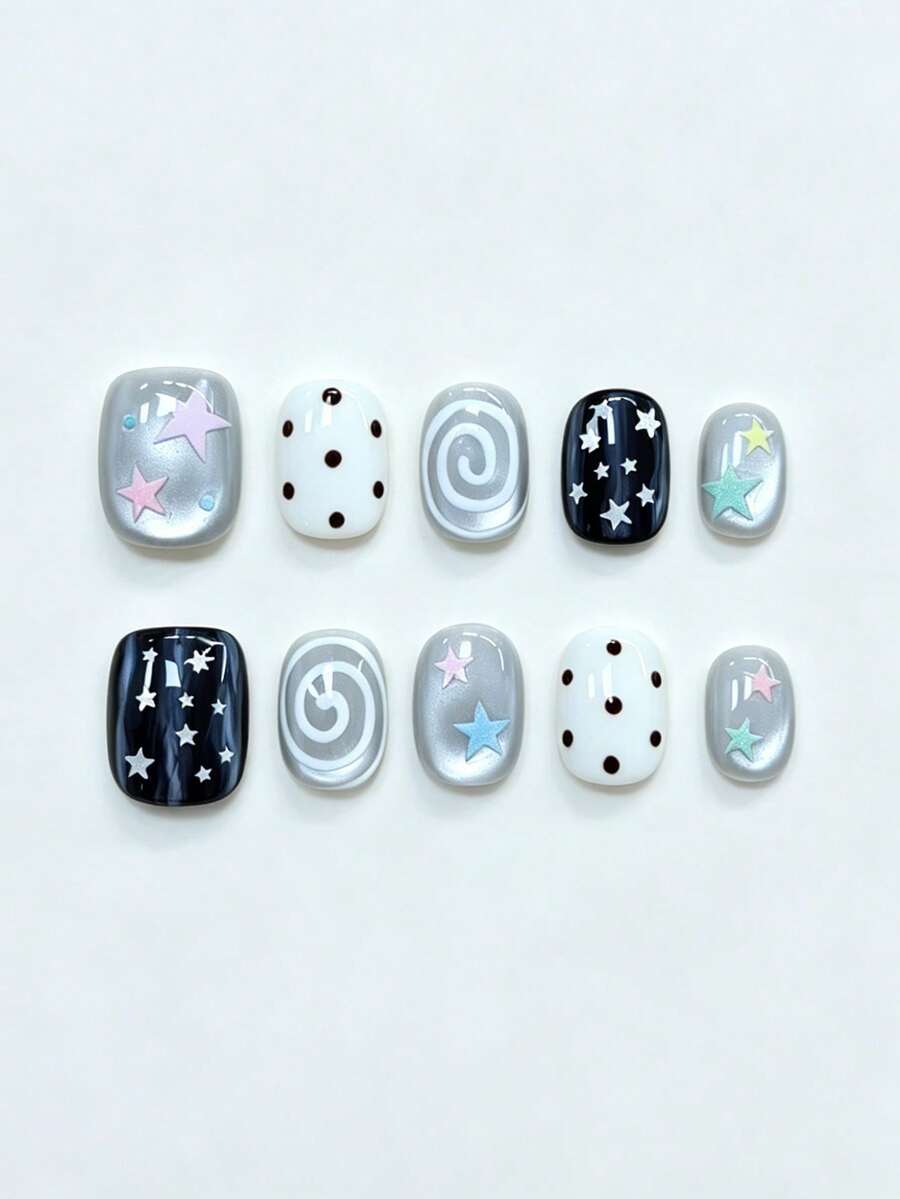 10pcs Pure Handmade Short Oval Press On Nails, Sweet Style, Gradient Pink Tone With Star And Dot Details For Women And Girls, Spring Summer Fall Winter Festivals Party And Daily Life Use - Multicolor - View 1