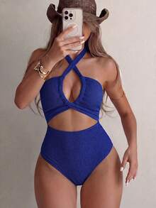 2026 New Fashion Halter Neck Cut-Out Vacation One-Piece Swimsuit For Women Beach Summer - Blue - View 2