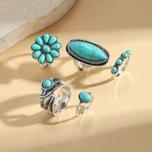 5pcs/Set Western Cowboy Vintage Turquoise Flower Antique Silver Texas Map Pattern Bull Head Cactus Sunflower Arrow Open Ring Set For Women Vacation - Antique Silver - View 3