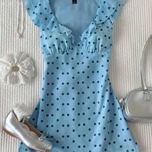 Yunuo Menswear  2026 Nuevo vestido mini de mujer con estampado de lunares y volantes en el bajo, vestido de verano color amarillo pálido, vestido de fiesta, vestido de Pascua, - Café integral - Ver 4