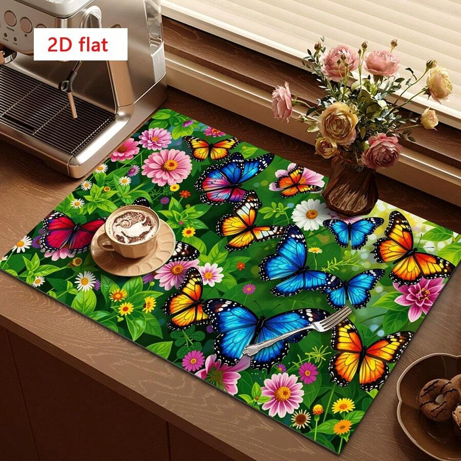 1pc Dish Drying Mat, Coffee Machine Mat, Colorful Butterfly Floral Print Durable Absorbent Drainage Mat, Suitable For Dining Table, Cafe And More, Multi-Purpose Water-Draining Mat, Home Gift, Tabletop Decor