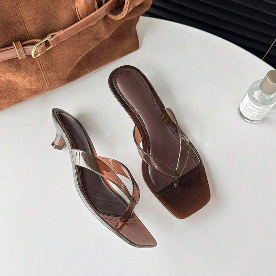 Square Toe Flip Flops OEM Custom Summer Fashion Cat Heel Crystal Cool Slippers Low Heel Clip Toe Jelly Shoes - màu nâu - Xem 1