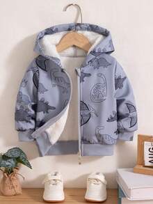 Baby Boy Casual Outdoor Fashion Printed Dinosaur Pattern Zipper Long Sleeve Hooded Fleece Jacket Coat Top Autumn/Winter - Grey - View 2