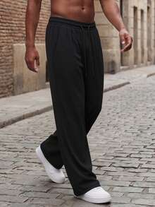Plus Size Men's Drape Loose Straight Leg Casual Drawstring Waist Pants With Pockets - Black - View 5