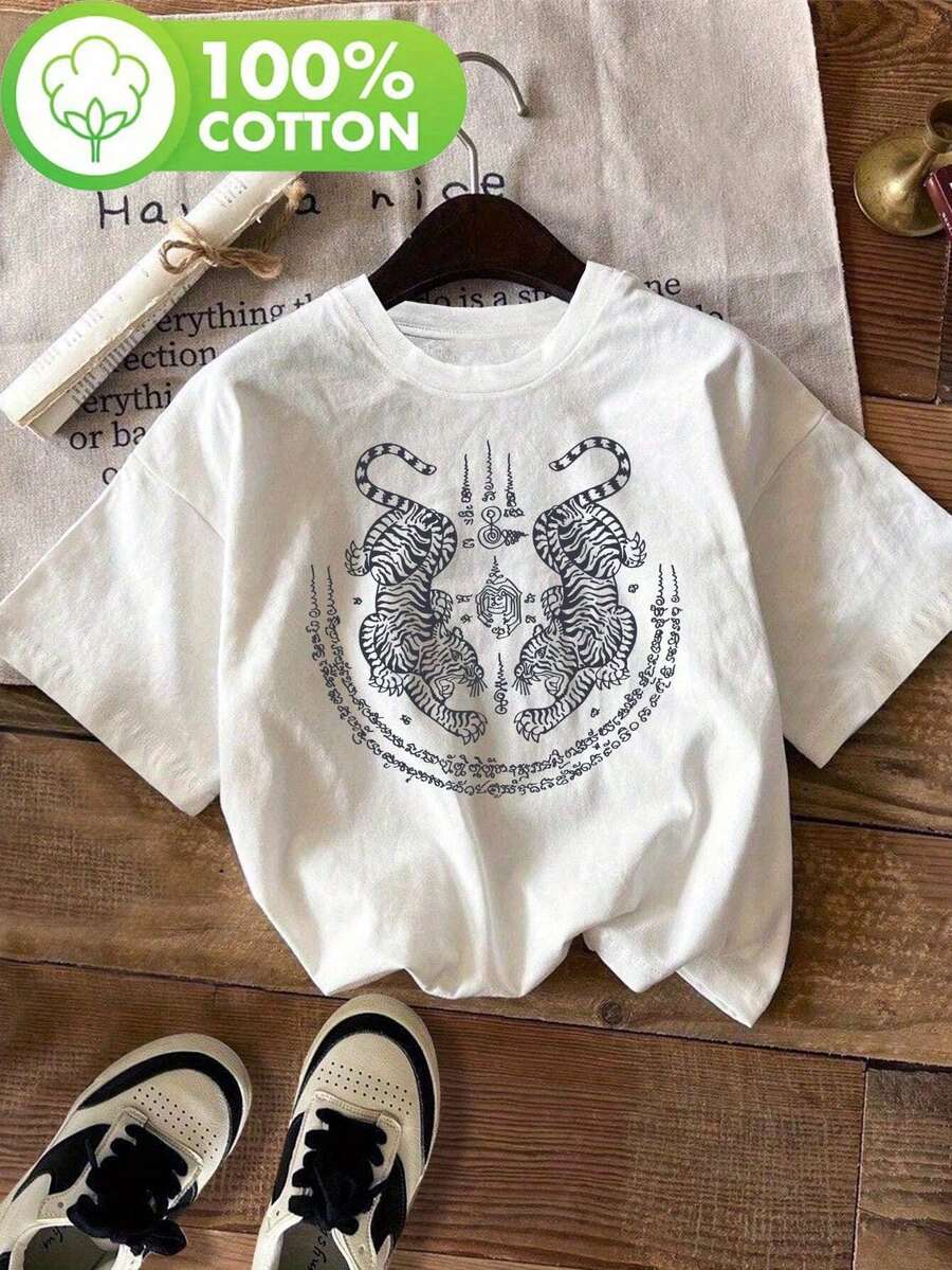 1pc 100% Cotton Sak Yant Thai Tiger Tattoo Print T-Shirt, Casual Summer Short Sleeve Crew Neck T-Shirt, Vintage Graphic Top Black/White. - 白色 - 查看 1